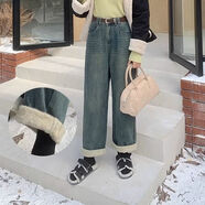 2023冬季歐貨復古男友風(fēng)牛仔褲女跨褲高腰加絨加厚直筒顯瘦老爹褲 深藍長(cháng)褲/無(wú)腰帶-加絨【高品質(zhì)】 L  建議110-120斤