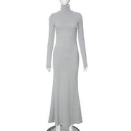 Ahagaga歐美風(fēng)氣質(zhì)長(cháng)款魚(yú)尾打底裙秋冬款彈力緊身百搭高領(lǐng)連衣裙 灰色 S S