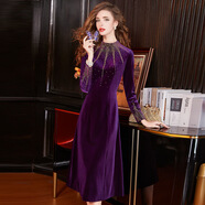 菲夢(mèng)伊紫色釘珠金絲絨連衣裙女冬裝法式輕熟優(yōu)雅氣質(zhì)女人味長(cháng)裙子 紫羅蘭 L