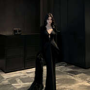 深v連衣裙驚艷歐美風(fēng)格性感女式V領(lǐng)長(cháng)袖連衣裙，高端淑女優(yōu)雅晚裝 黑色 L 115-130