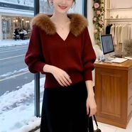 【新年戰袍】氛圍感收腰短款慵懶燈籠長(cháng)袖針織毛毛拼接V領(lǐng)毛衣女 酒紅色 2XL 130-145斤