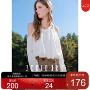 三彩2025春季新款編織感圓領(lǐng)露肩長(cháng)袖印花白襯衣寬松套頭F