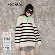 MO&Co.【美麗諾羊毛】 原創(chuàng  )LOGO條紋毛衣翻領(lǐng)上衣女拉鏈毛衣針織衫 白黑條色-第2批 M 165