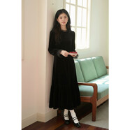 彌古2026新款黑色絲絨連衣裙女秋冬長(cháng)袖法式蕾絲拼接內搭打底長(cháng)裙 幽夢(mèng)吟(黑色) S