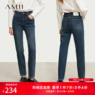 AMII女裝2025冬季新款復古休閑錐形褲加絨牛仔褲長(cháng)褲女皮牌裝 牛仔藍 S 155/64A