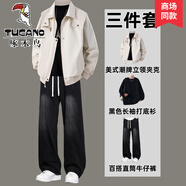啄木鳥(niǎo)（TUCANO）美式工裝外套男痞帥春秋季帥氣男士酷帥穿搭休閑套裝男三件套 杏色+黑T+牛仔褲黑【三件套】 S