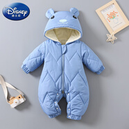 迪士尼（Disney）寶寶新生兒秋冬加厚加絨連體衣韓版羽絨服面料外出棉哈衣保暖衣服 淺藍色 小熊棉哈衣 66 建議2-5個(gè)月
