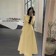 GARNUO黃色長(cháng)袖連衣裙子女2025新款春秋冬法式氣質(zhì)高級感禮服裙收腰長(cháng)裙 黃色【長(cháng)袖長(cháng)款】 S 【80-100斤】