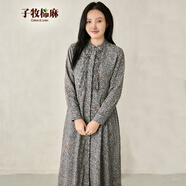 子牧棉麻2026春裝 女民族風(fēng)百搭休閑印花寬松顯瘦長(cháng)袖連衣裙Y2 黑白印花 M (建議95-110斤)