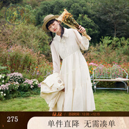 紫涵（ZIHAN）紫涵肌理感雪紡連衣裙女春季法式甜美花邊翻領(lǐng)A字中長(cháng)裙 米金 L