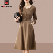AEMAPE氣質(zhì)長(cháng)袖連衣裙春秋季2026新款洋氣V領(lǐng)裙子舒適氣質(zhì)女裝裙子 卡其色 3XL 155-175斤
