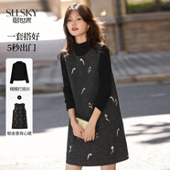 熙世界（sllsky）刺繡背心裙套裝女秋冬針織打底衫無(wú)袖短裙兩件套摩登黑連衣裙 2XL
