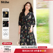 MsShe雪紡收腰碎花連衣裙大碼女裝2025秋裝胖mm巨顯瘦連衣裙子 【七分袖】雪紡連衣裙-黑色現貨 4XL