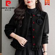 皮爾卡丹（pierre cardin）紅色立體花朵毛呢開(kāi)衫短款外套女春秋2025新寬松百搭呢子大衣 黑色 3XL