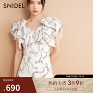 SNIDEL秋冬小飛袖V領(lǐng)收腰荷葉邊印花連衣裙SWFO244097 米色 M （1）