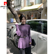 皮爾卡丹（pierre cardin）法式半高領(lǐng)燈籠袖針織衫女秋冬配腰帶收腰毛衣慵懶風(fēng)中長(cháng)款上衣 紫色（配黑色腰帶） 均碼