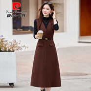 皮爾卡丹毛呢背帶套裝連衣裙女2026秋冬季流行感針織打底衫兩件套裙子 姜棗紅色（背帶裙+打底衫）【面料升級版】 L
