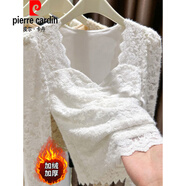 皮爾卡丹（pierre cardin）歐貨加絨蕾絲打底衫女長(cháng)袖秋冬韓國女裝磨毛內搭小衫波浪v領(lǐng)上衣 白色【加絨加厚】 S