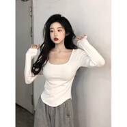 以純（YISHion）2025夏裝新款正肩方領(lǐng)長(cháng)袖t恤女裝獨特漂亮好看打底衫內搭上衣 白色_夏日ootd夏季穿搭初夏火減齡設計感夏天氣質(zhì) M _建議100-110斤