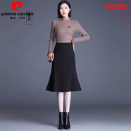 皮爾卡丹毛呢魚(yú)尾裙半身裙女秋冬高腰包臀裙中長(cháng)款荷葉邊顯瘦A字一步冬裙 黑色 S 建議80-95斤