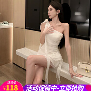 歐貝汐夏季新款白色斜肩雪紡連衣裙收腰短款仙女蛋糕裙含花朵 白色 M