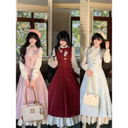 BLOVELAN南法微風(fēng) 氣質(zhì)小香假兩件加厚連衣裙少女粉毛呢長(cháng)裙秋冬 薔薇粉（短款連衣裙 XS