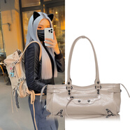 b家包包c(diǎn)ity機車(chē)包女真皮腋下包黑色鉚釘大容量托特包通勤手提包 黑色