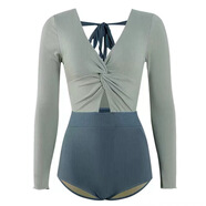 工廠(chǎng)2023新款連體長(cháng)袖泳衣女日韓撞色高腰遮肚顯瘦溫泉泳裝女 圖片色 M