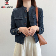 AEMAPE早秋新款時(shí)尚小香風(fēng)馬術(shù)領(lǐng)H型牛仔短外套2026春秋新款簡(jiǎn)約夾克女 深藍色  常規 M _90-100斤