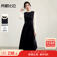 尚都比拉燈芯絨假兩件連衣裙女秋季長(cháng)袖立領(lǐng)收褶系帶A字裙蕾絲袖中長(cháng)裙