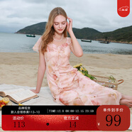 三彩2025夏季新款木耳邊荷葉袖蝴蝶印花雪紡連衣裙大擺長(cháng)裙M 淺粉色花卉 M 160/84A