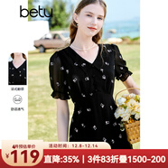 百圖betu女裝夏新款連衣裙短袖雪紡萌兔繡花減齡連衣裙女2303T90 黑色 M