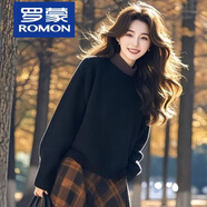 羅蒙（ROMON）春季搭配一整套2026新款香風(fēng)名媛撞色毛衣格子半身裙減齡兩件套裝 黑色上衣【單件】 2XL 建議125-140斤