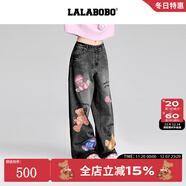 LALABOBO袁一琦同款純棉牛仔褲女高腰顯瘦小熊印花寬松闊腿褲RBED-WXZC19 灰色 25 建議105-120斤
