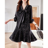 小紅書(shū)爆款鮑徹利V領(lǐng)系帶亮片拼接連衣裙2025秋季韓國風(fēng)格小香風(fēng) 暗夜黑 M[90-120斤] 均碼