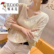 啄木鳥(niǎo)（TUCANO）V領(lǐng)鉤花鏤空針織衫罩衫女寬松薄款2024年春裝寬松蝙蝠衫短款上衣 米白 S 建議75-98斤
