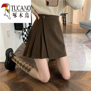 啄木鳥(niǎo)（TUCANO）a字半身裙女2024年新款大尺碼胖m妹百褶短裙不規則秋冬毛呢包臀裙 咖啡色 L 【110-120斤】
