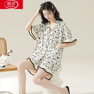 浪莎（LangSha）女式睡衣女2026新款夏裝印花短袖輕薄純棉女式家居服裝可外出穿 主圖款ZX:8241杏色滿(mǎn)鋪花朵荷葉 M [升級AAAAAAA純棉]