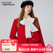 LIME FLARE萊茵福萊爾紅色小香風(fēng)連衣裙短外套2024春季新款 蕾絲邊短外套 S