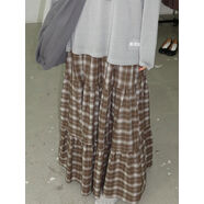 Exclusivetype韓國個(gè)性覆古學(xué)院風(fēng)格子拼接大裙擺蓬蓬半身長(cháng)裙 咖啡色現貨 均碼 均碼