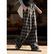 塔馳密司（touchmiss）女裝休閑褲冬季新款復古直筒休閑褲黑白格紋松緊腰抽繩長(cháng)褲 黑色. 2XL 135斤以上