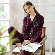 美標睡衣女全棉100純棉秋冬季梭織長(cháng)袖長(cháng)褲可外穿格子家居服套裝 深蘭98687 M