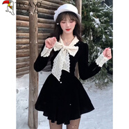 啄木鳥(niǎo)Miu系列富家女黑色絲絨連衣裙女士秋冬高端小香型連衣裙腰公主裙 黑色 S