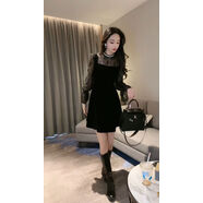 歐洲站a字連衣裙女秋冬款蕾絲拼接絲絨法式名媛生日黑色禮服裙子 黑色飛 3XL 3XL建議130-140斤