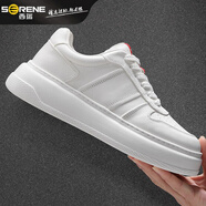 西瑞（SERENE）高檔品牌男鞋頭層牛皮厚底小白鞋新款真皮休閑鞋軟底舒適運動(dòng)板鞋 白色 牛皮男鞋 43 【等于運動(dòng)鞋44碼】