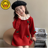 G.duck2025秋季新款女童連衣裙粉色櫻桃洋氣兒童寶寶新中式禮服裙子小孩 酒紅色 120 適合身高110-120厘米