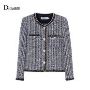 Ditto迪圖法式小香風(fēng)外套女士秋冬新款高品質(zhì)優(yōu)雅輕奢短外套 深藍色 S