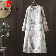 皮爾卡丹（pierre cardin）連衣裙女新中式古風(fēng)斜襟夾棉旗袍裙冬水墨印花中長(cháng)款棉麻加厚保暖 圖片色 M 【90-115斤】