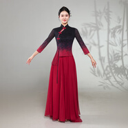 筑凡扇子舞演出服裝新款古典舞旗袍中國紅飄逸大擺裙練功服身韻超仙 墨染紅套裝(上衣+大擺裙) L