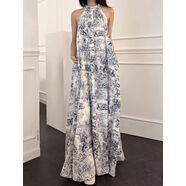 韓國chic夏季復古民族風(fēng)立領(lǐng)水墨印花寬松休閑長(cháng)款掛脖式連衣裙女 藍色 均碼 均碼